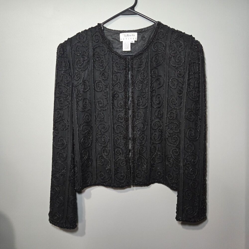 Talbots Petite Large 100% Silk Beaded‎ Cardigan With Shoulder Pads
